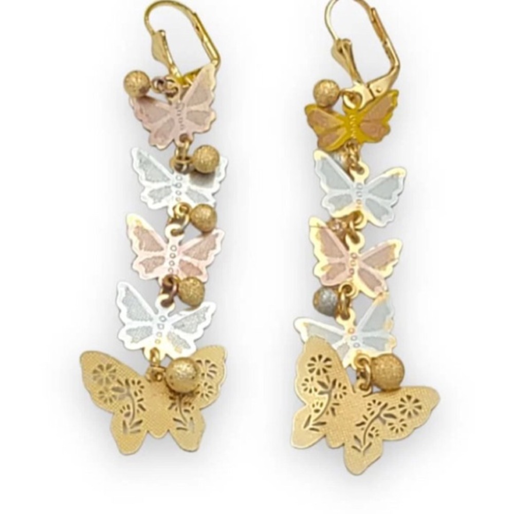 Tri-color butterfly lever-back 18k of gold plated earrings